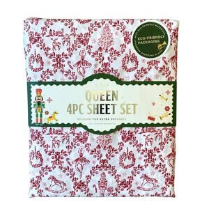 Envogue QUEEN 4pc Sheet Set Nutcracker Toile Christmas Bedding Red & White New
